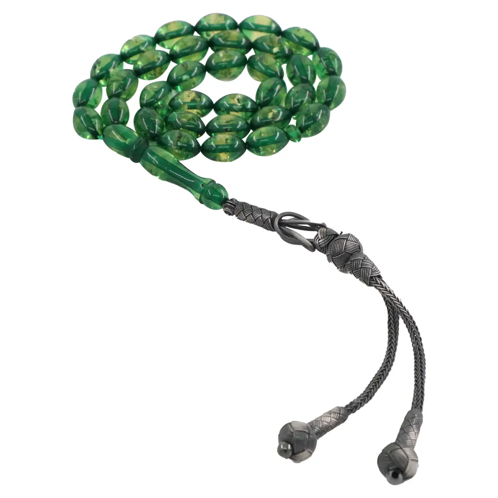 GÜMÜŞ KAZAZİYE KEHRİBAR TESBİH - 0001-YESIL-1